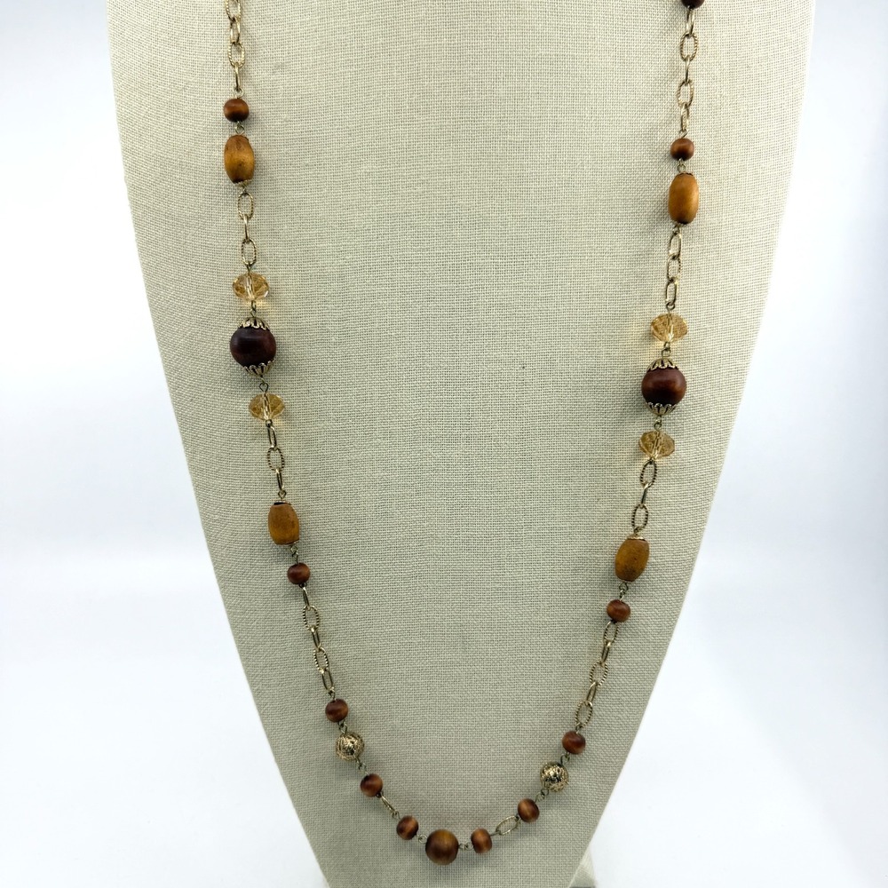 Long Wood Bead Necklace Gold Tone Chain Boho Layer Statement Jewelry Accessory